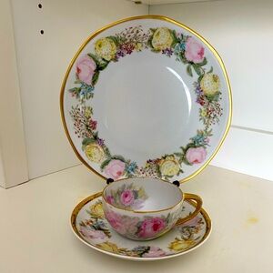 VTG UNION K MADE IN CZECHOSLOVAKIA HAND PAINTED TEACUP, SAUCER AND PLATE